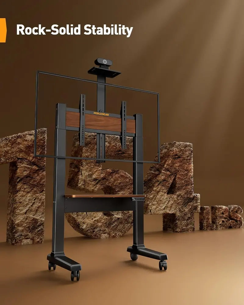 Motorized Rolling TV Stand  Electric Height Adjustment, Supports TVs 37″86″, VESA-Compatible, Wooden Shelf & Panel Design