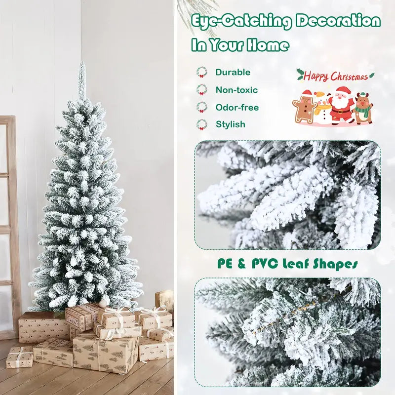 Hinged Snow-Flocked Pencil Christmas Tree  Ultra-Slim Pre-Lit Holiday Tree