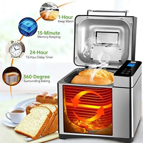 KBS Large 17-in-1 Bread Machine, 2LB Stainless Steel, Auto Fruit Nut Dispenser