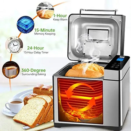 KBS Large 17-in-1 Bread Machine, 2LB Stainless Steel, Auto Fruit Nut Dispenser