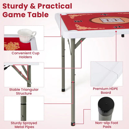 Mahjong-Friendly Folding Card Table — 35-Inch Square HDPE Surface with Cup Holders & Mat