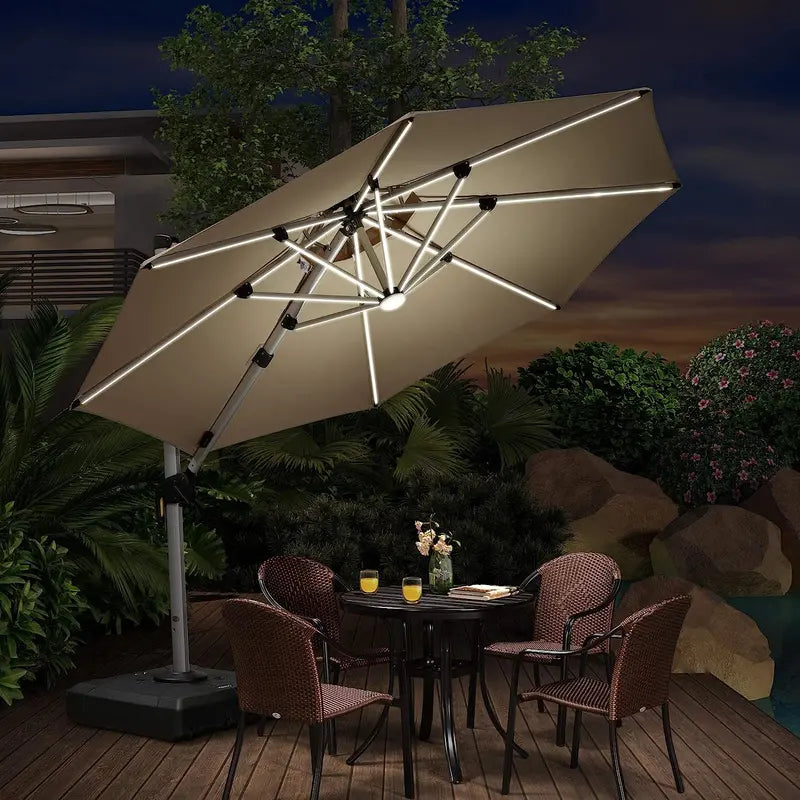 12-Foot Solar-Powered LED Cantilever Patio Umbrella  Wind-Resistant Round Outdoor Parasol with Built-in Lights