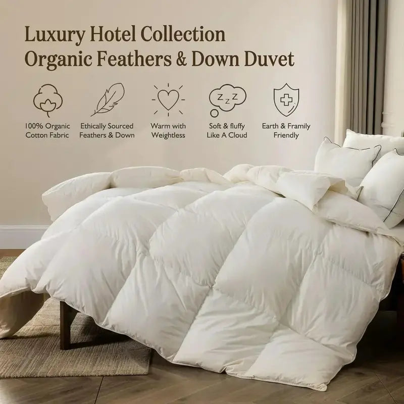 Organic Down Duvet  Queen Size, 100% Cotton Cover, Hypoallergenic & Cloud-Like Fill