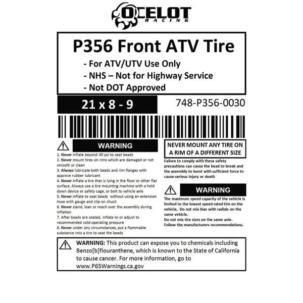 21 x 8  9 Ocelot P356 Front ATV Tire