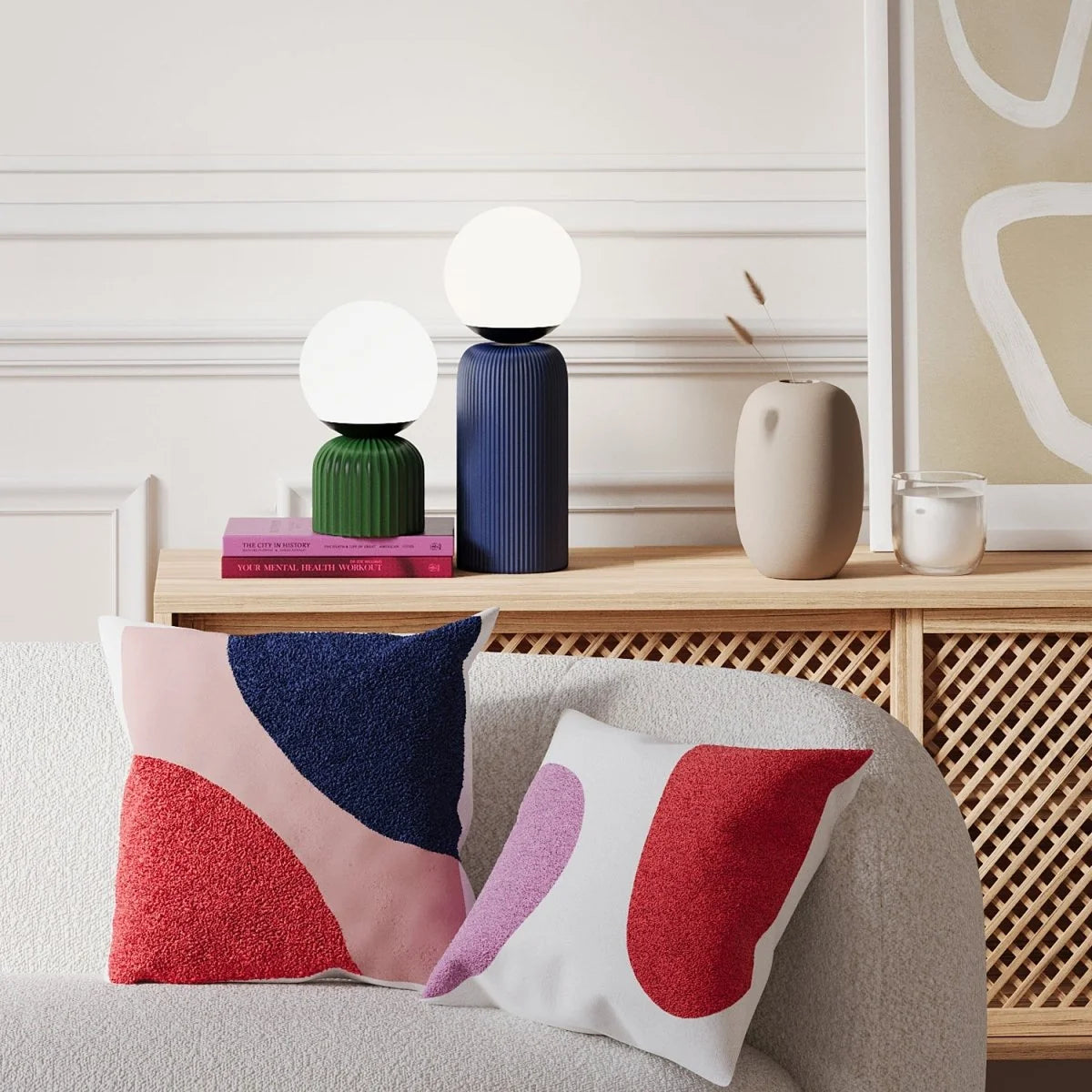 Lampe   poser en c ramique bleue et globe de verre Gauguin