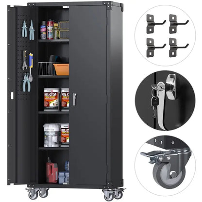 GangMei Rolling Garage Storage Cabinet  72-Inch Black Metal Tool Organizer with Pegboard & Locking Doors