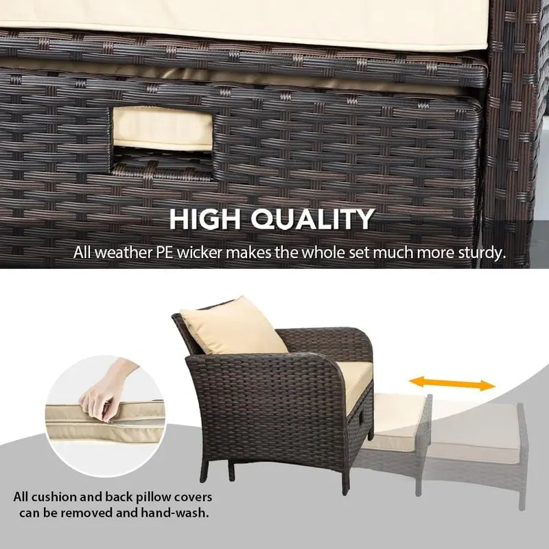 LEVELEVE 5-Piece Patio Conversation Set  PE Rattan Lounge Chairs, Ottomans & Glass Table