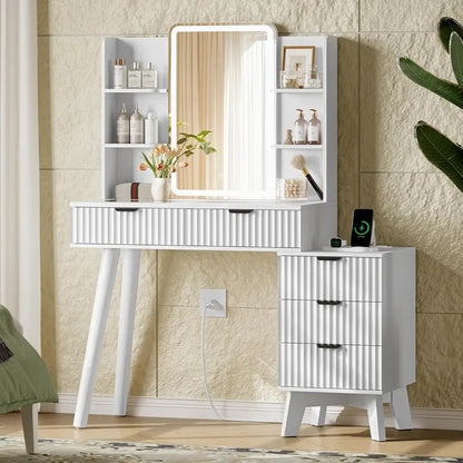 Compact LED Vanity Desk Set with Dimmable Mirror, Power Outlet, and Slim Profile