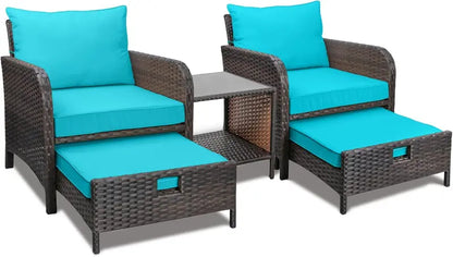 LEVELEVE 5-Piece Brown PE Wicker Patio Conversation Set with Cushioned Chairs and Tempered Glass Table