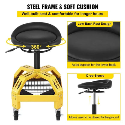 Heavy-Duty Rolling Mechanic Stool  Adjustable Height Garage Seat with 360° Swivel and Industrial-Grade Casters