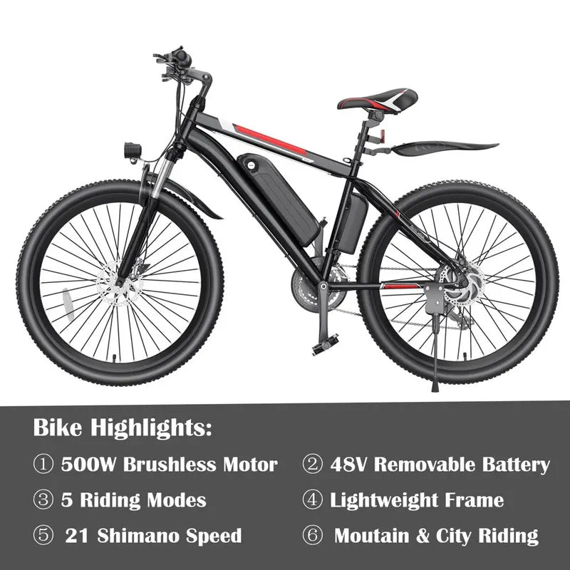 500W 26-Inch Adult Electric Bike with Cruise Control & LCD Display