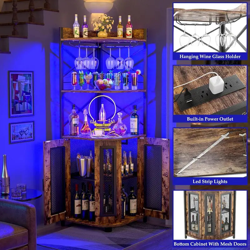 Aheaplus Industrial-Style Corner Bar Cabinet with LED Lighting, Power Outlet & Glass Rack  5-Tier White Oak Liquor Storage Unit for Compact Spaces