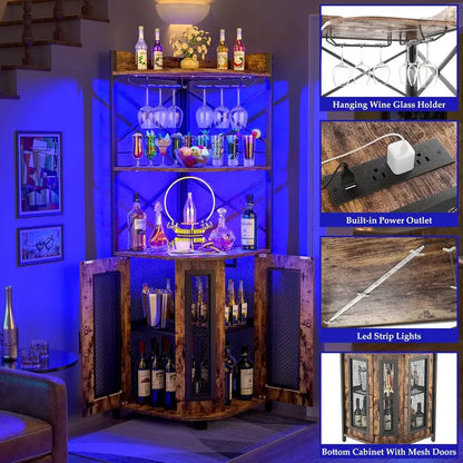Aheaplus Industrial-Style Corner Bar Cabinet with LED Lighting, Power Outlet & Glass Rack  5-Tier White Oak Liquor Storage Unit for Compact Spaces