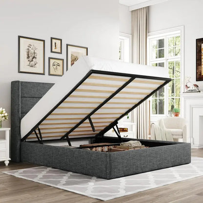 Allewie Modern Hydraulic Lift Queen Storage Bed  Wingback Headboard, Light Beige