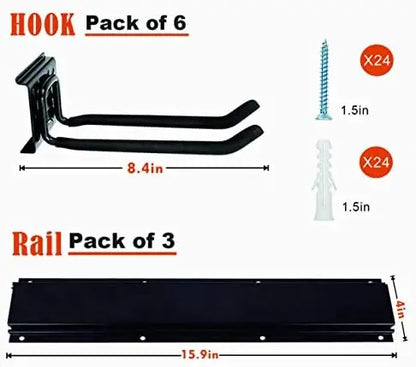 Heavy-Duty Wall-Mounted Garage Tool Rack with 6 Hooks & 3 Boards  Powder Coated Steel for Broom, Mop, Rake & Shovel Storage