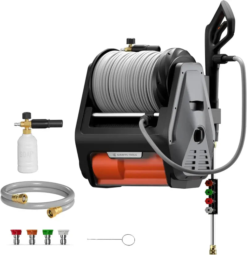 Electric Wall-Mounted Pressure Washer  3300 PSI, 1.6 GPM with 100-Foot Retractable Hose, 4 Nozzle Tips & Foam Cannon for Cars and Patios