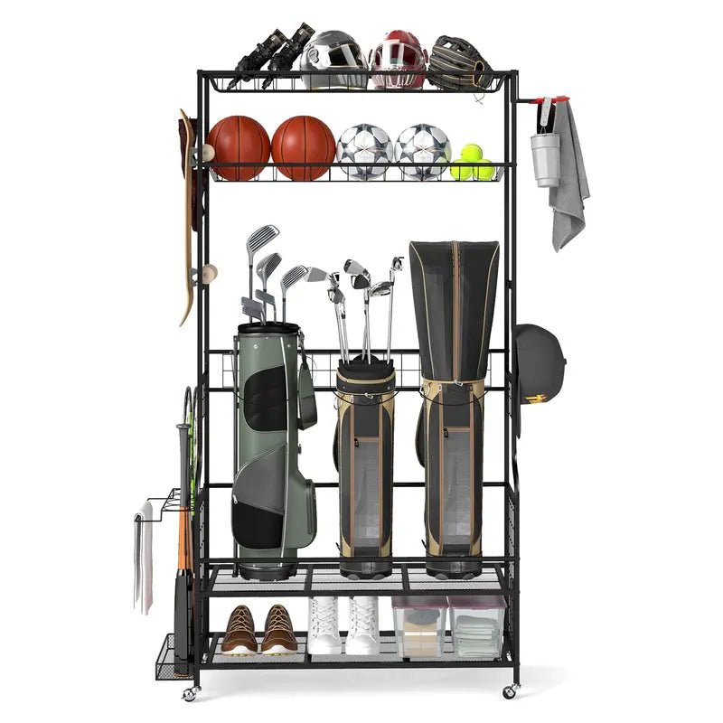 Mobile Golf Bag Organizer with Three Compartments and Smooth-Rolling Casters