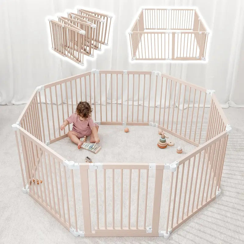 Expandable Pine Wood Baby Playpen  144 cm Square Foldable Fence with Child-Safe Lock and 579 cm Max Extension