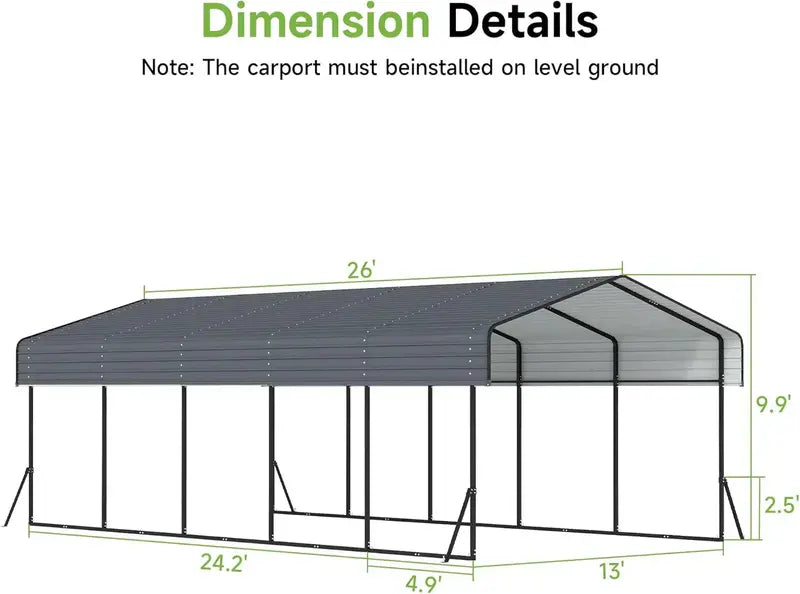 10 ft x 15 ft Reinforced Metal Carport  Weather-Resistant Outdoor Garage or Shade Structure