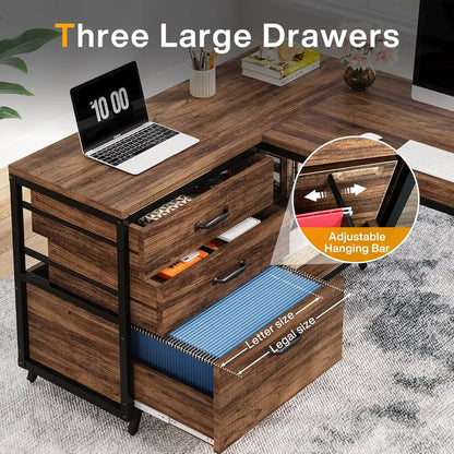 Reversible L-Shaped Computer Desk  Industrial-Style Corner Office Desk with 3 Drawers &amp; Shelves, Rustic Brown Finish, 53¡å Compact Workstation