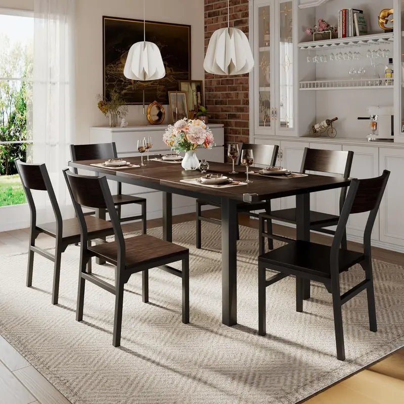 Espresso 7-Piece Extendable Dining Set: 63″ MDF Table + 6 Metal-Frame Chairs for Small-Space Living