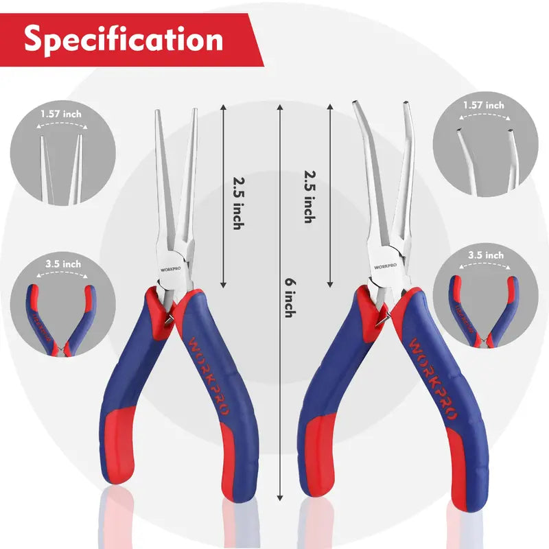WORKPRO 2-Piece 6″ Precision Needle-Nose Plier Set  Bent & Standard Nose Designs