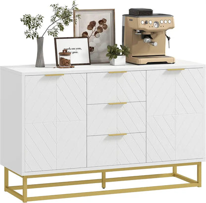 Contemporary White Sideboard Buffet Cabinet with Metal Legs, Adjustable Shelving & Elevated Base Design