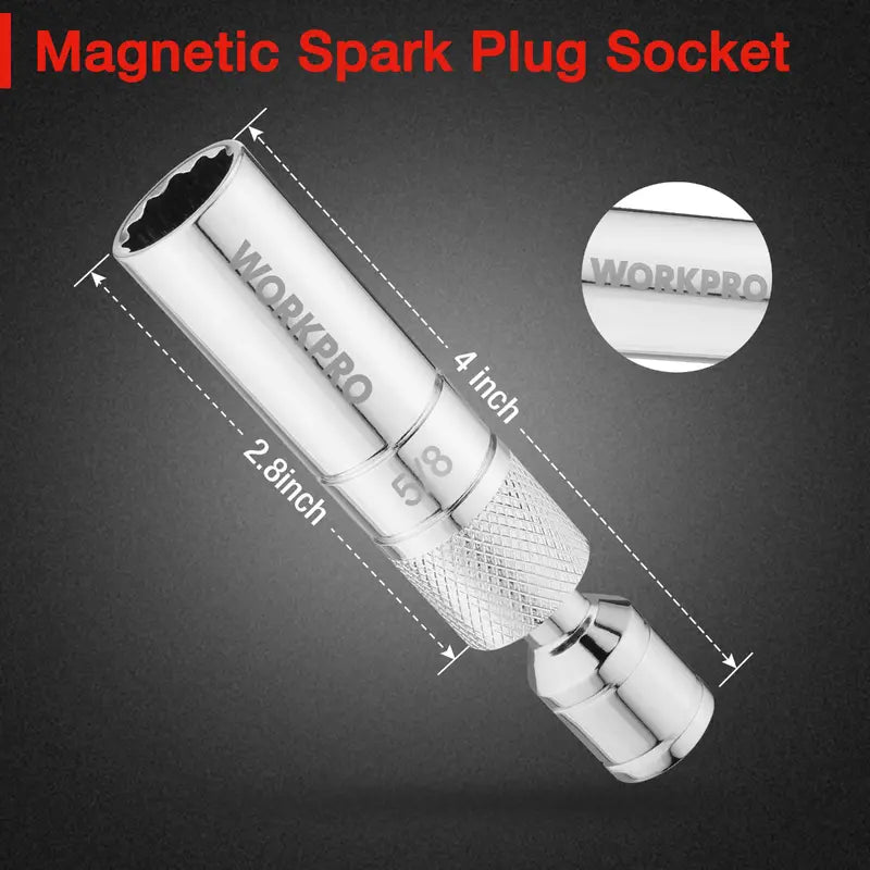 WORKPRO 5/8″ Thin-Wall Magnetic Spark Plug Socket  3/8″ Drive, 4″ Reach