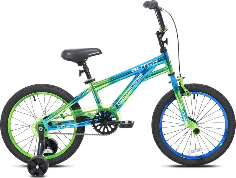 Genesis Glitch 18-Inch Boys’ BMX Bike  Blue and Green Youth Frame with Alloy Components