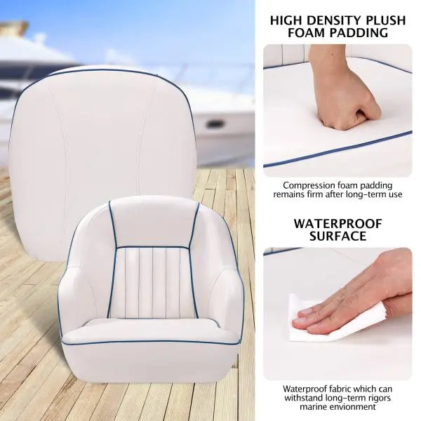 White & Blue Captains Bucket Pontoon Boat Seat  Fold-Back Backrest, Marine-Grade Cabin Seating