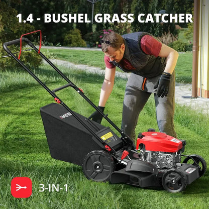 21-Inch Heavy-Duty Gas-Powered Lawn Mower with 144cc 4-Stroke Engine, 3-in-1 Functionality, and Adjustable Cutting Height