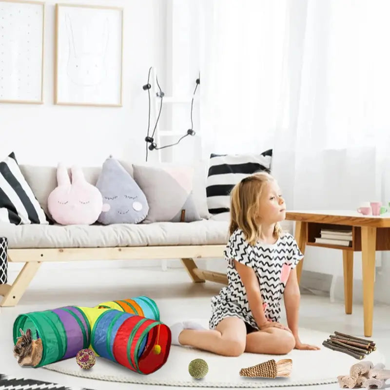 PetPlay Rabbit Tunnel & Chew Toy Set  Durable Polyester, Dental Health, Space-Saving, For Rabbits & Rodents