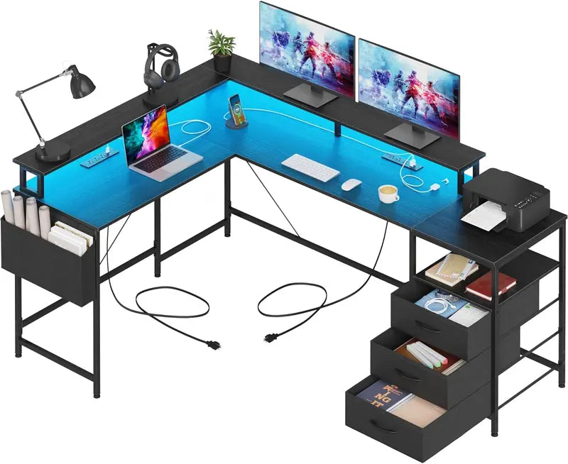 L-Shaped Gaming Desk  63-Inch Black Workstation with Dual Monitor Stands, Built-in LED Lighting, Power Strips, and Fabric Drawers