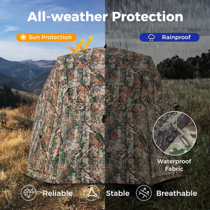 Camouflage Hunting Blind Tent  One-Way Visibility & 360° Panoramic Viewing