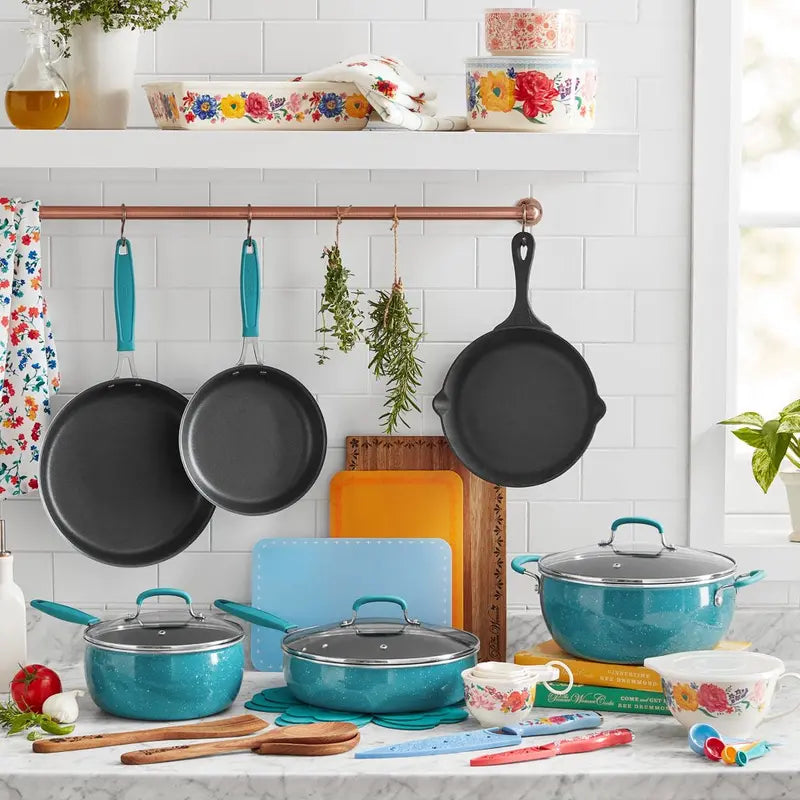The Pioneer Woman Floral Cookware Set  38-Piece Teal Nonstick Collection for Everyday Cooking