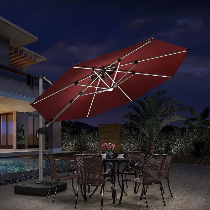 12-Foot Solar-Powered LED Cantilever Patio Umbrella  Wind-Resistant Round Outdoor Parasol with Built-in Lights