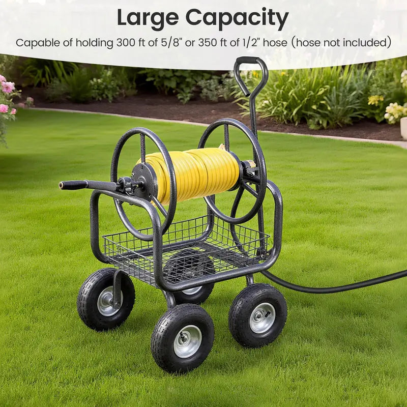 Heavy-Duty Hose Reel Cart with Integrated Storage Basket  Supports 300 Feet of 5/8-Inch Garden Hose