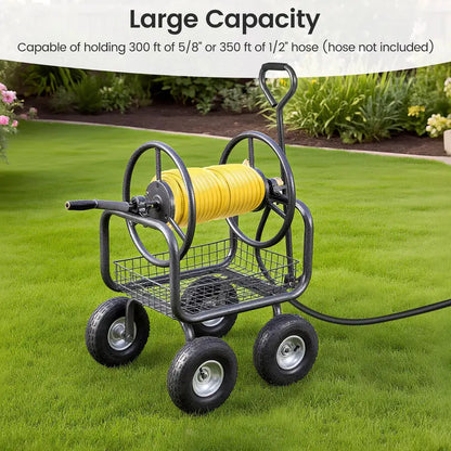 Heavy-Duty Hose Reel Cart with Integrated Storage Basket  Supports 300 Feet of 5/8-Inch Garden Hose