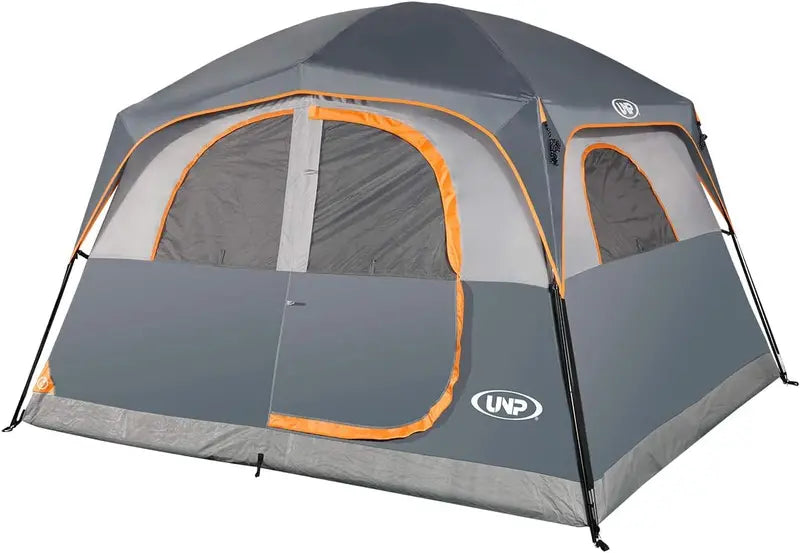 6-Person All-Weather Camping Tent  Double-Layer Design, 1 Mesh Door + 5 Large Windows, 10′ x 9′ x 78″