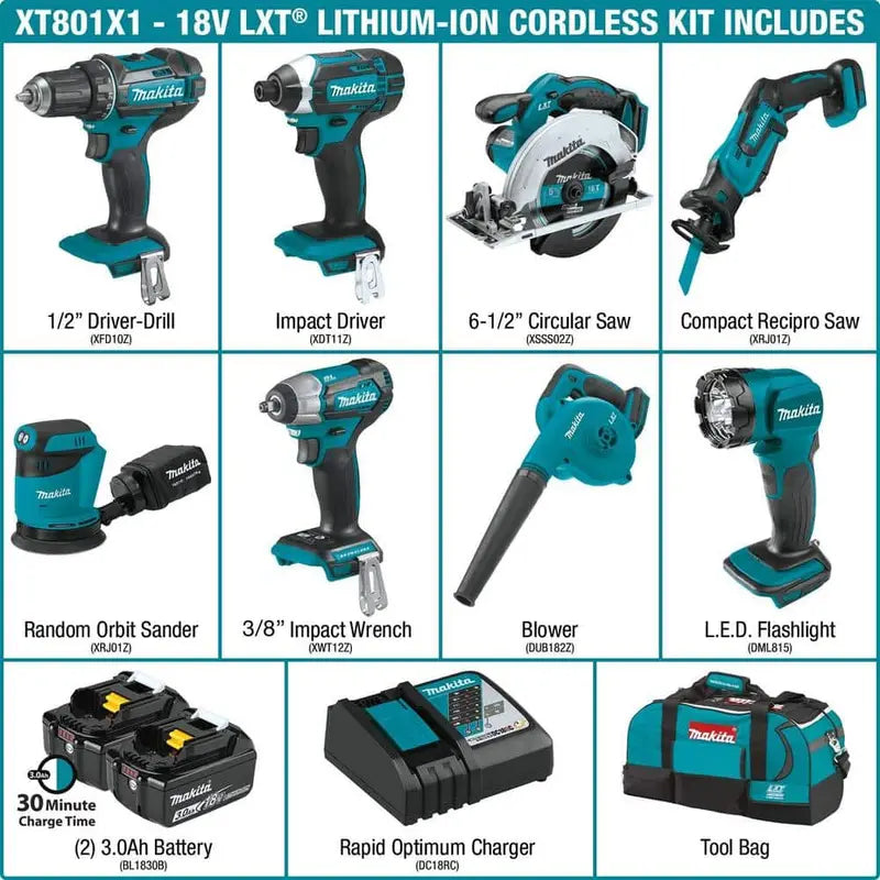 Makita 18V LXT Lithium-Ion 8-Piece Kit Drill/ Impact Drvr/ Circ Saw/ Recip Saw/ Sander/ Impact Wrench/ Blower/ Light 3. 0Ah XT801X1