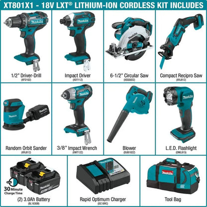 Makita 18V LXT Lithium-Ion 8-Piece Kit Drill/ Impact Drvr/ Circ Saw/ Recip Saw/ Sander/ Impact Wrench/ Blower/ Light 3. 0Ah XT801X1