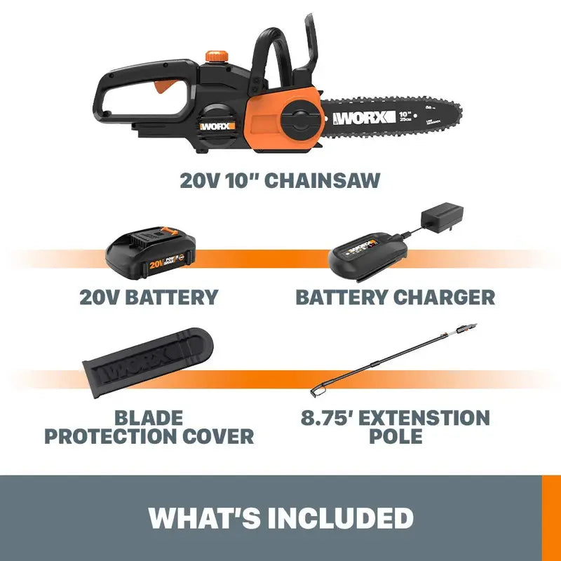 Worx WG322 20V Cordless 10-Inch Pole Saw and Chain Saw Combo  Power Share Compatible
