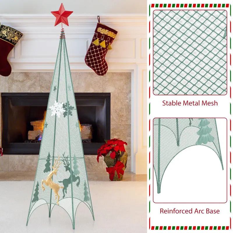 Three-Tier Tower-Style Artificial Christmas Trees — 3 ft, 3.5 ft, and 4 ft Metal Frames with Removable Star Toppers and Mini Reindeer Accents
