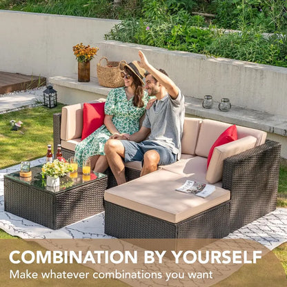 Devoko 5-Piece All-Weather Patio Sectional Set — Beige Wicker Rattan Sofa with Cushions and Tempered Glass Table