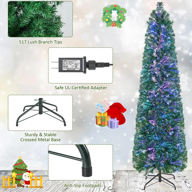 6-Foot or 7-Foot Fiber Optic Pencil-Style Christmas Tree for Compact Holiday Spaces