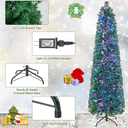 6-Foot or 7-Foot Fiber Optic Pencil-Style Christmas Tree for Compact Holiday Spaces