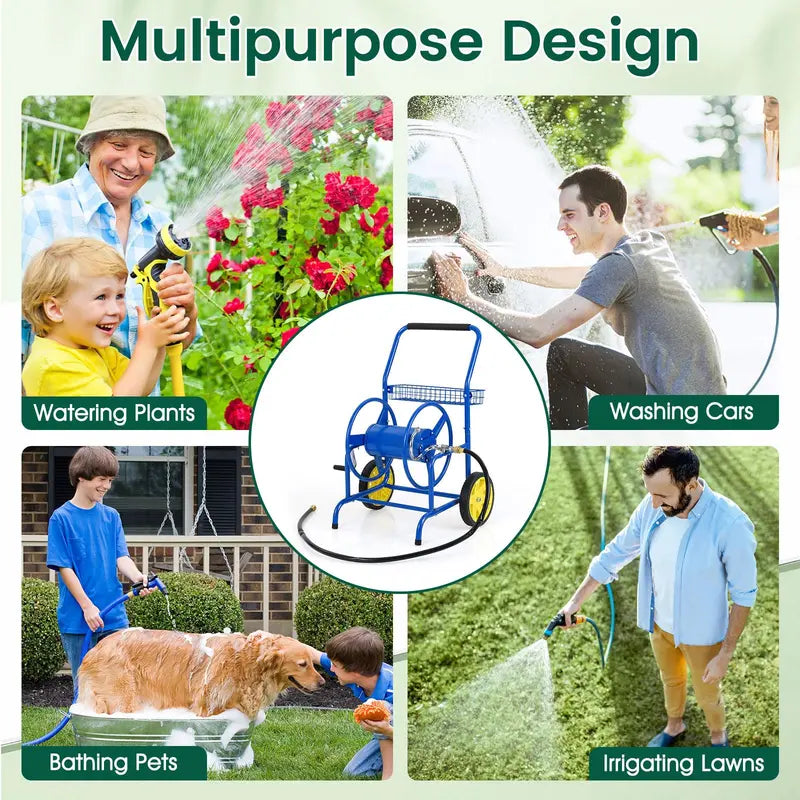Heavy-Duty Metal Hose Cart  Dual-Wheel Design with Basket, Holds Up to 230 ft of 5/8″ Hose