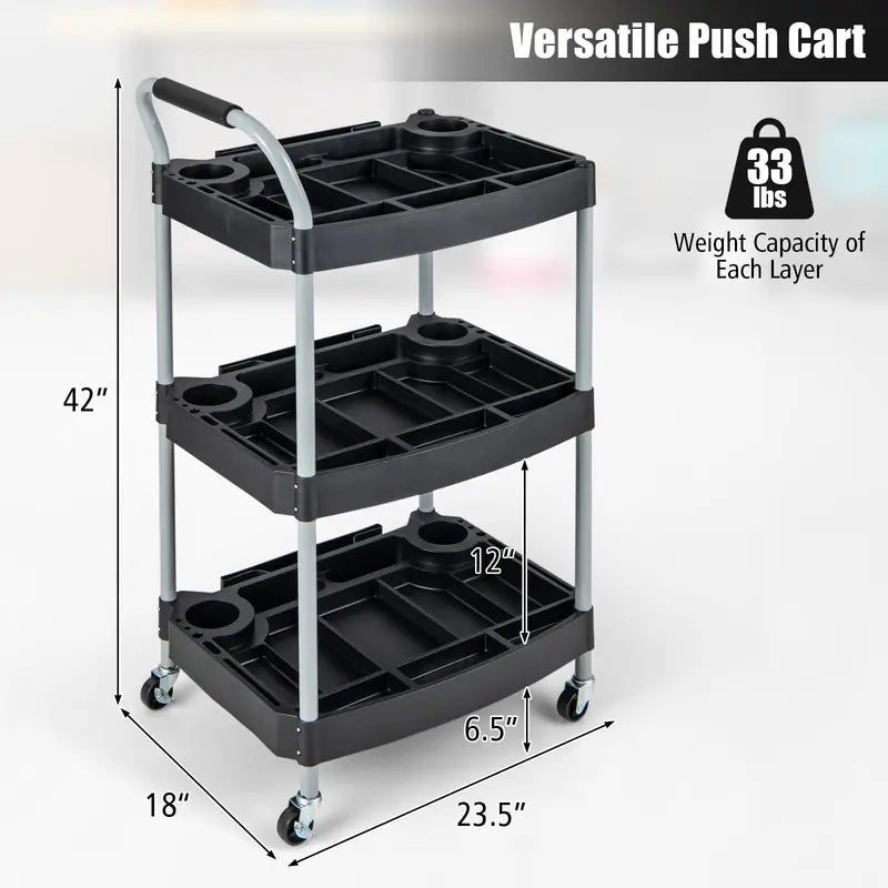 Mobile 3-Tier Tool Cart with Locking Casters and Organized Storage Compartments