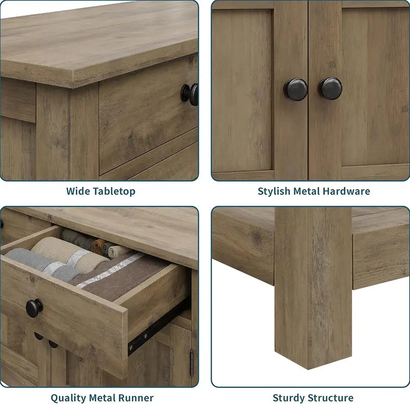 HOSTACK Farmhouse Console Table  Rustic Brown Entryway or Coffee Bar with Cabinet, Drawers & Shelf
