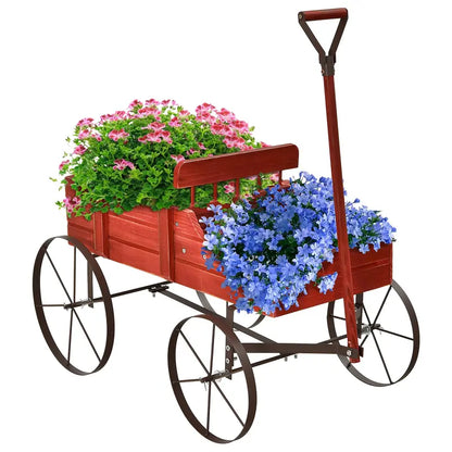 Wooden Wheeled Wagon Planter  Decorative Rolling Garden Planter for Patios and Landscapes